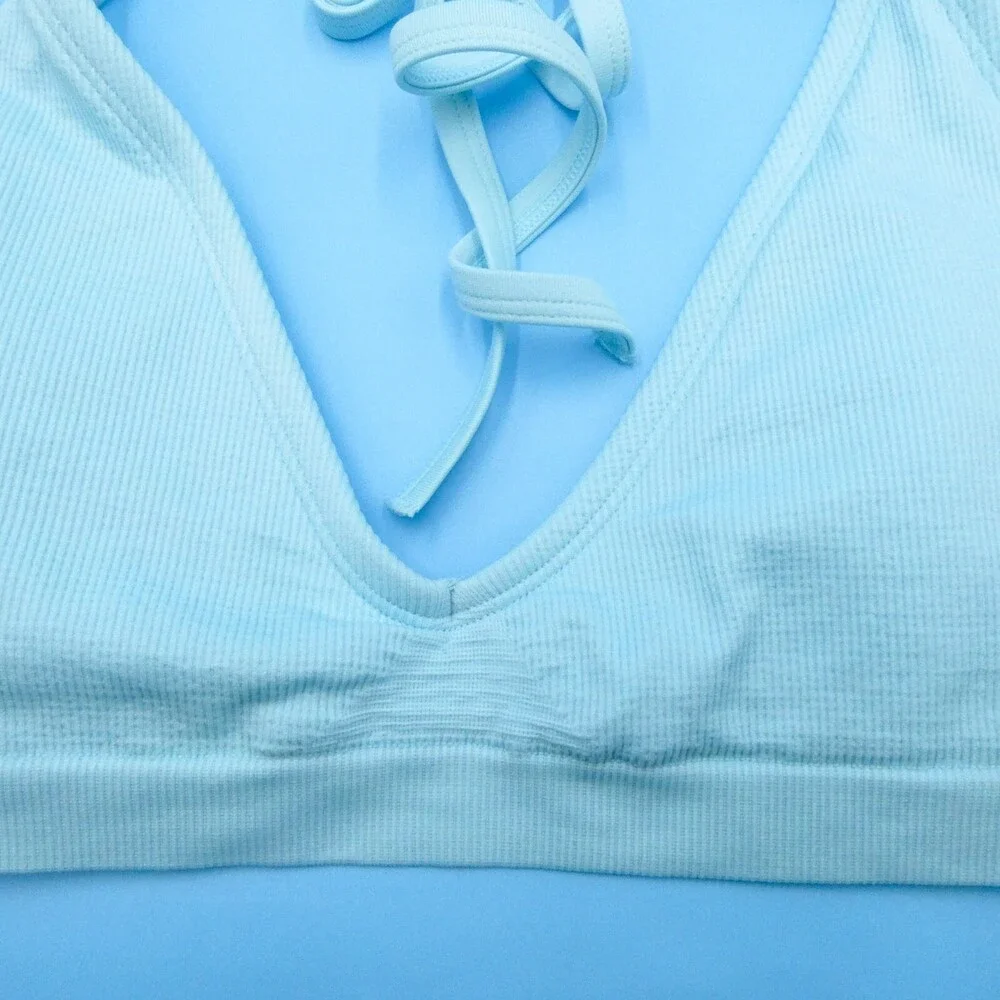 Victorias Secret XL Blue Ribbed Triangle Bikini‎ Top Padded Plunge Swimwear VS